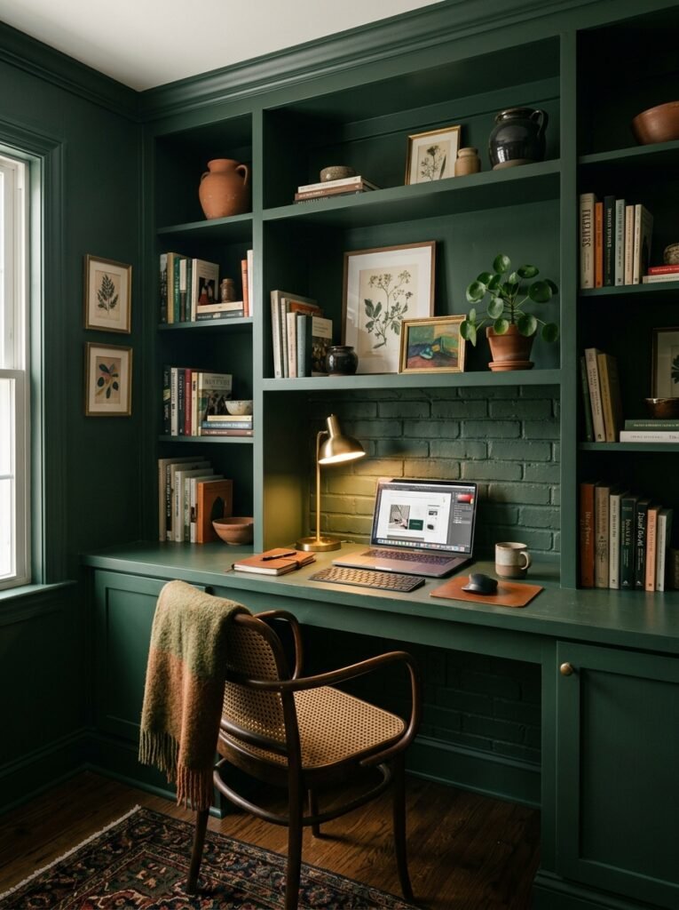 Color drenched deep green built-in desk nook