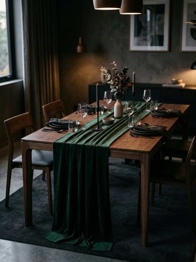 Forest green velvet runner on a modern wooden table.
