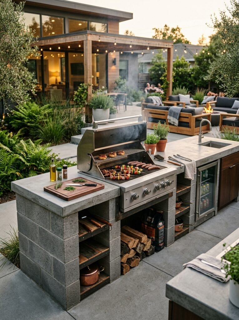 Cinder block grill station with timber prep planks