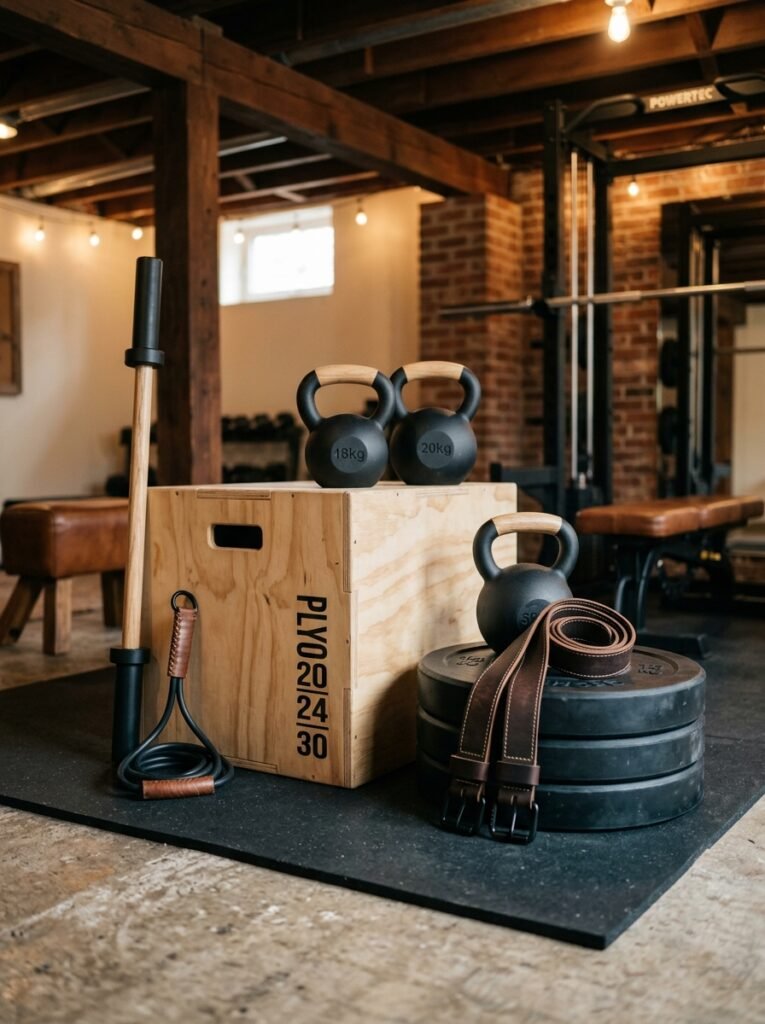 Matched black and wood gym accessories in a basement