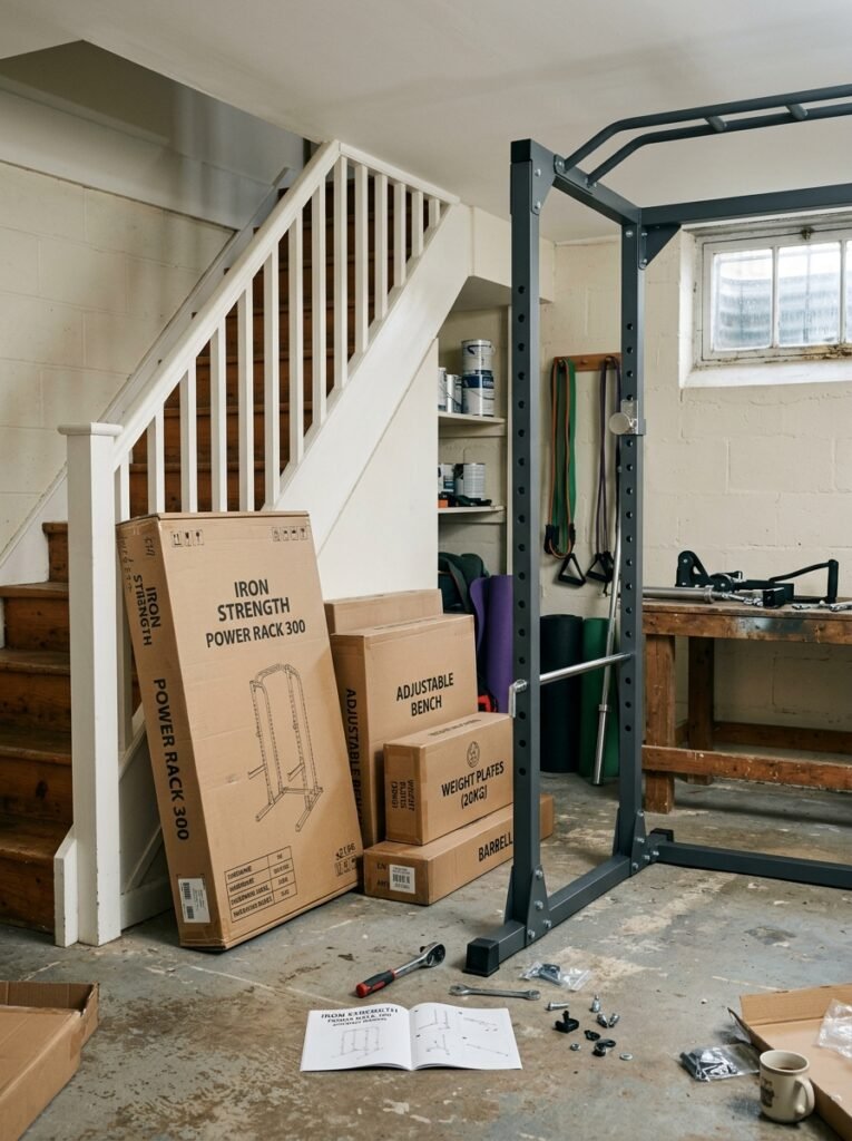 Gym equipment boxes at the bottom of a basement staircase