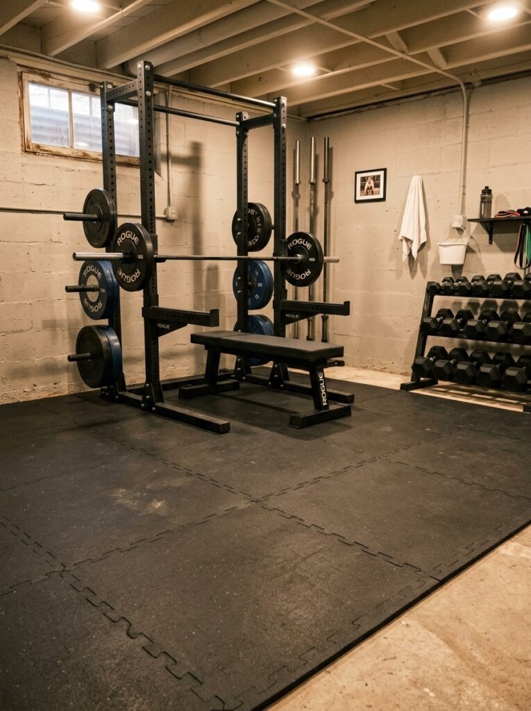 Rubber gym flooring over a basement concrete slab