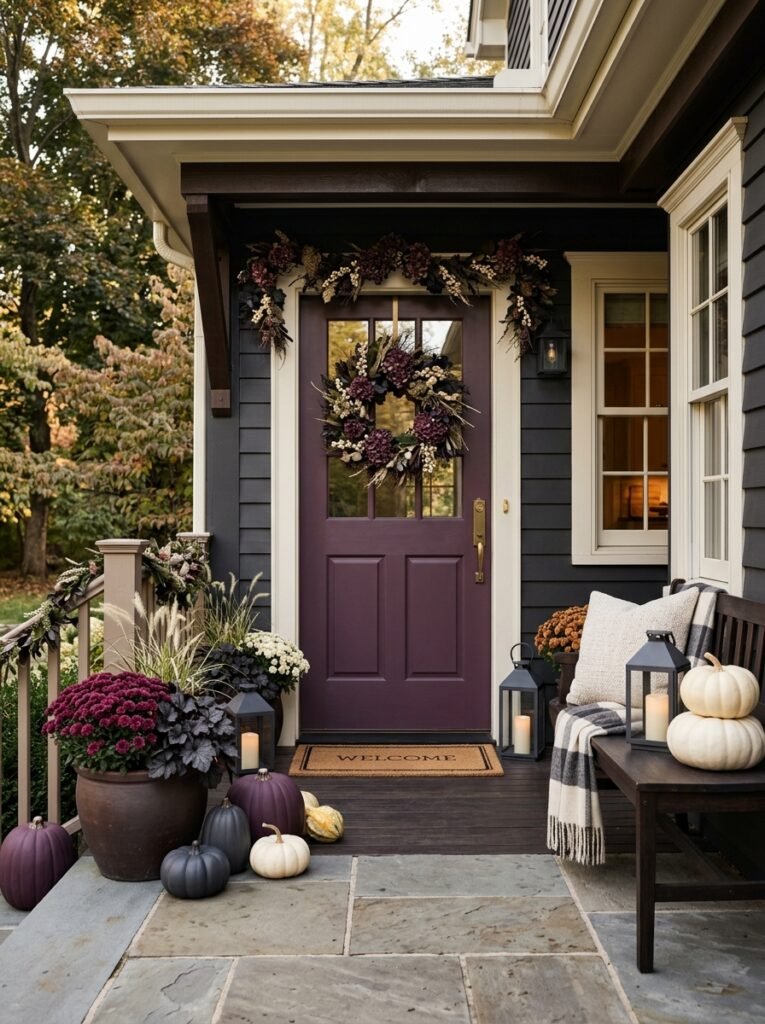 Halloween porch in a tonal plum and charcoal palette