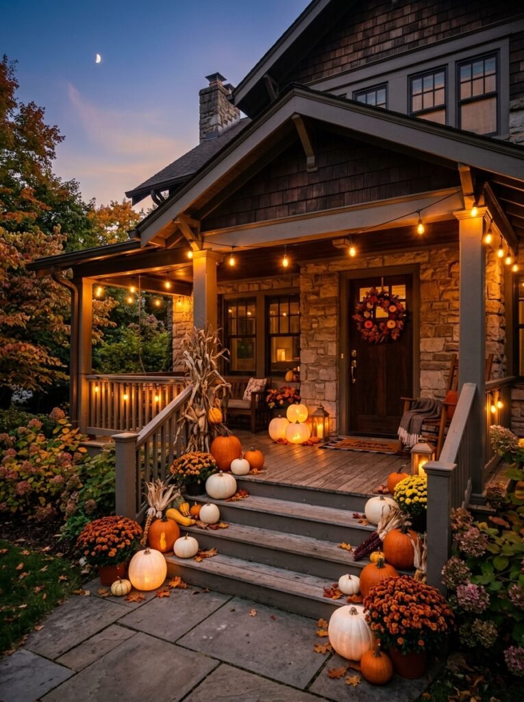 Halloween porch lit with warm amber bulbs at dusk