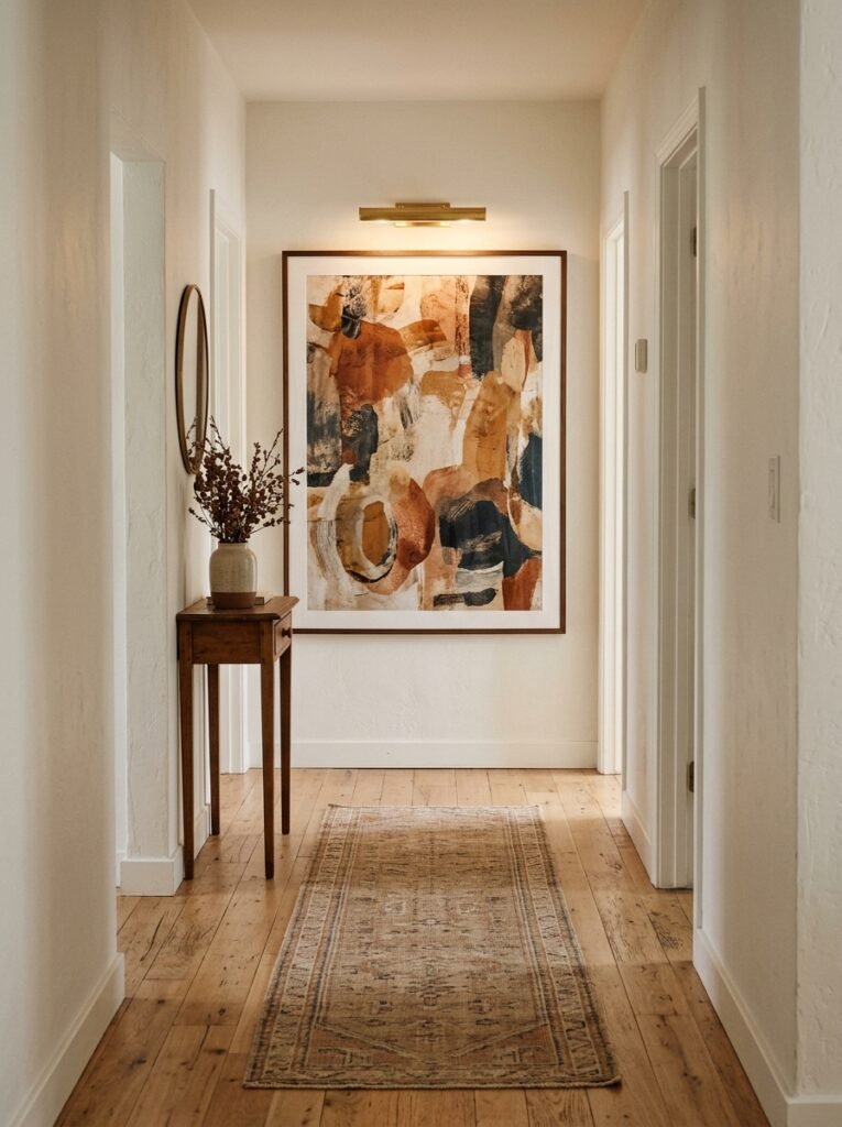 Large framed abstract art print hung on the end wall of a narrow entryway hallway