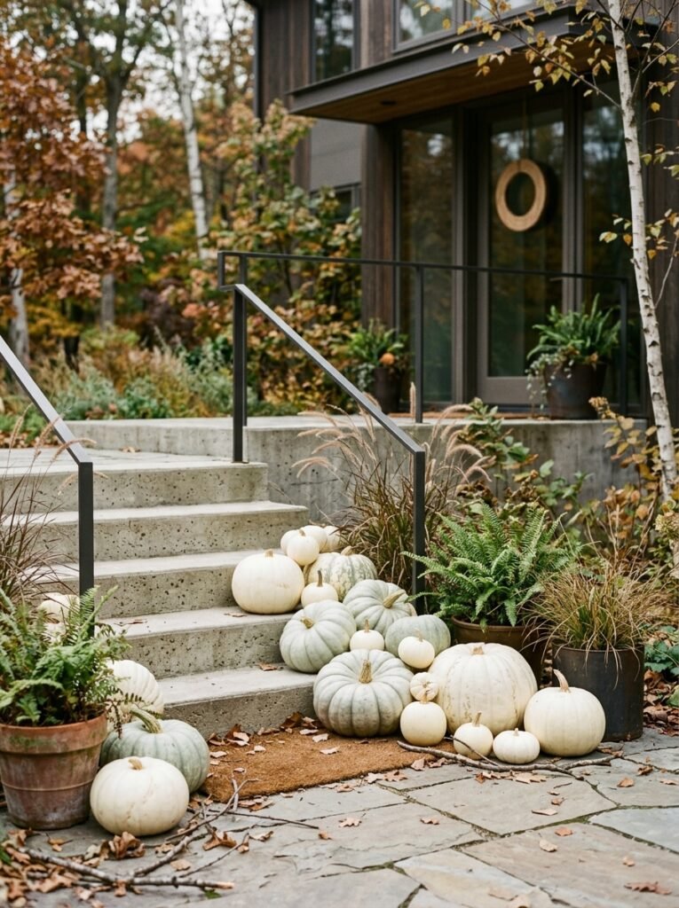 Heirloom white pumpkins grouped beside patio steps