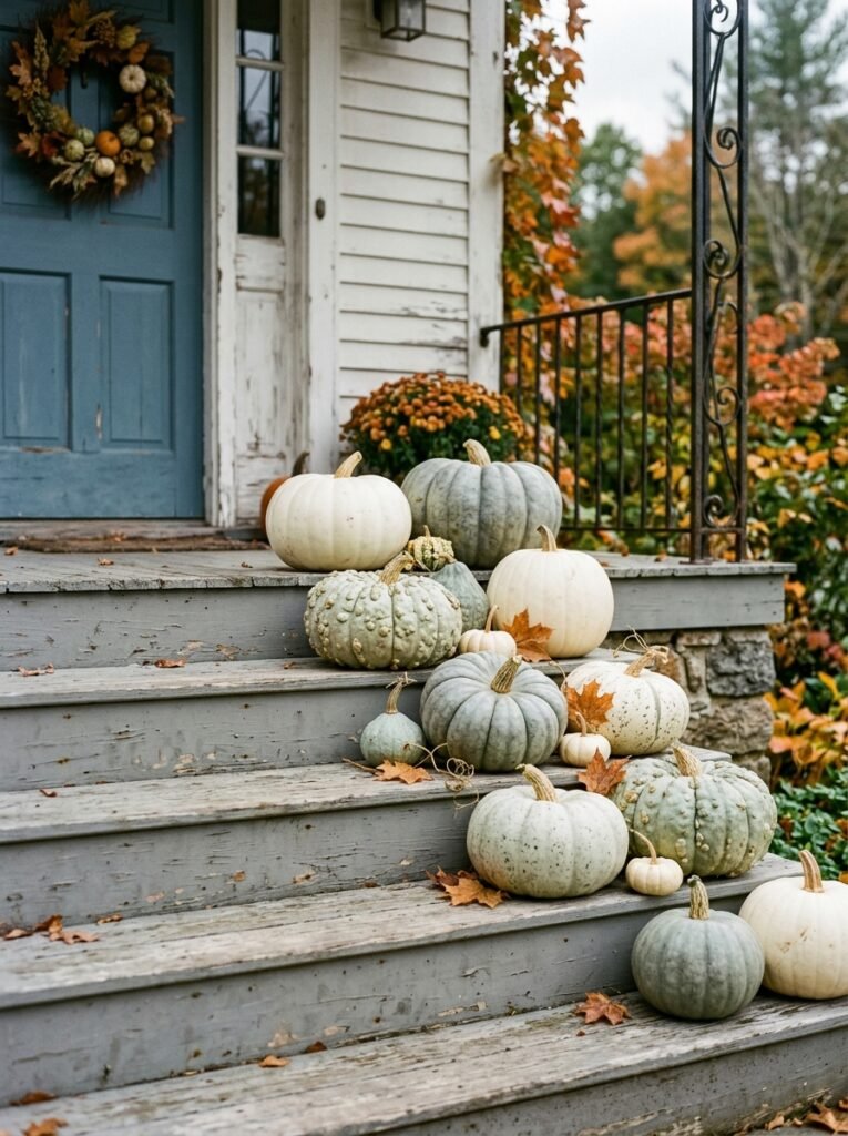 White and gray heirloom pumpkins on Halloween porch steps
