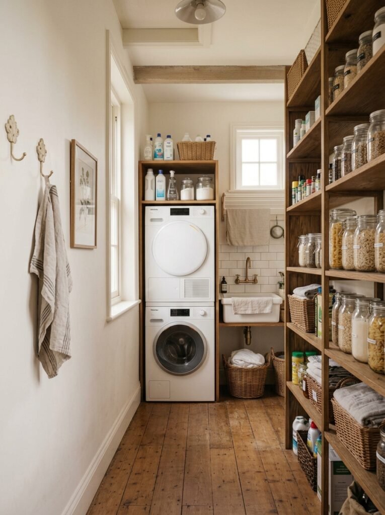 Stacked washer and dryer at the end of a walk-in pantry