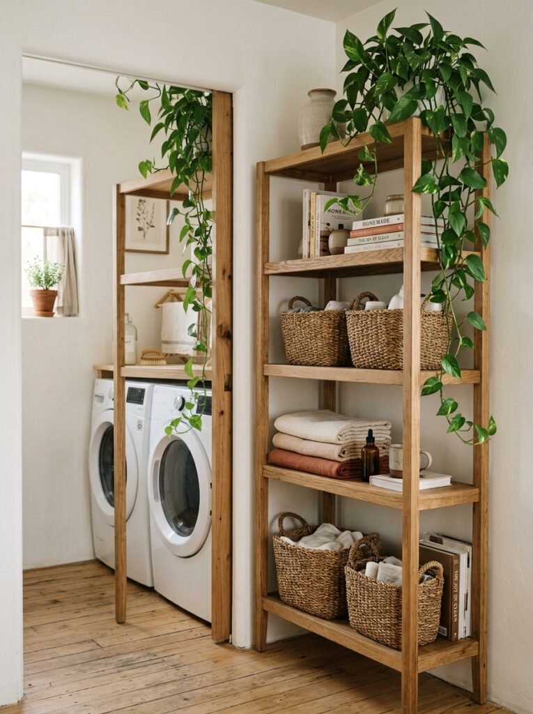 Open shelving unit blocking the view of a laundry nook
