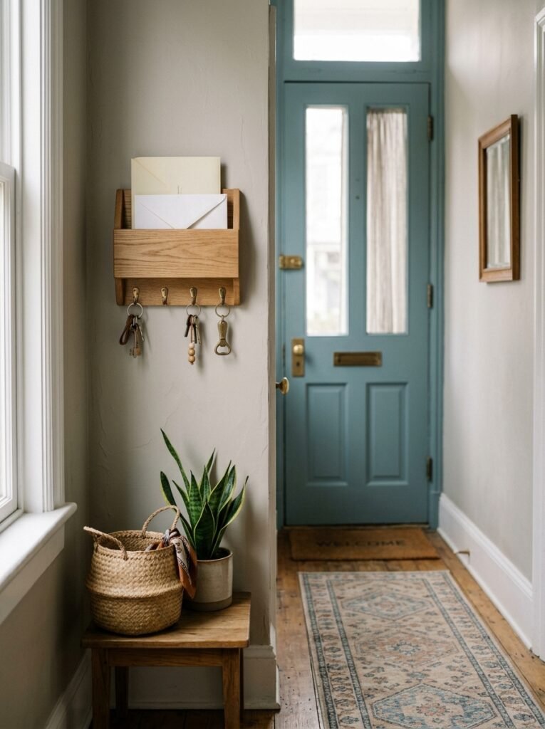 Wooden key and mail organizer mounted beside the front door in a narrow entryway