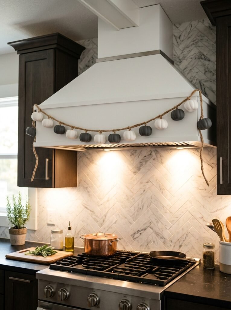 White and charcoal mini pumpkin garland strung across a modern kitchen range hood.