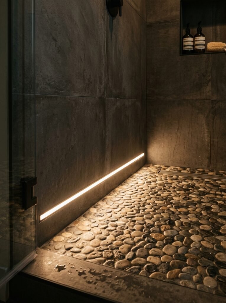 Toe kick lighting washing across shower floor tile