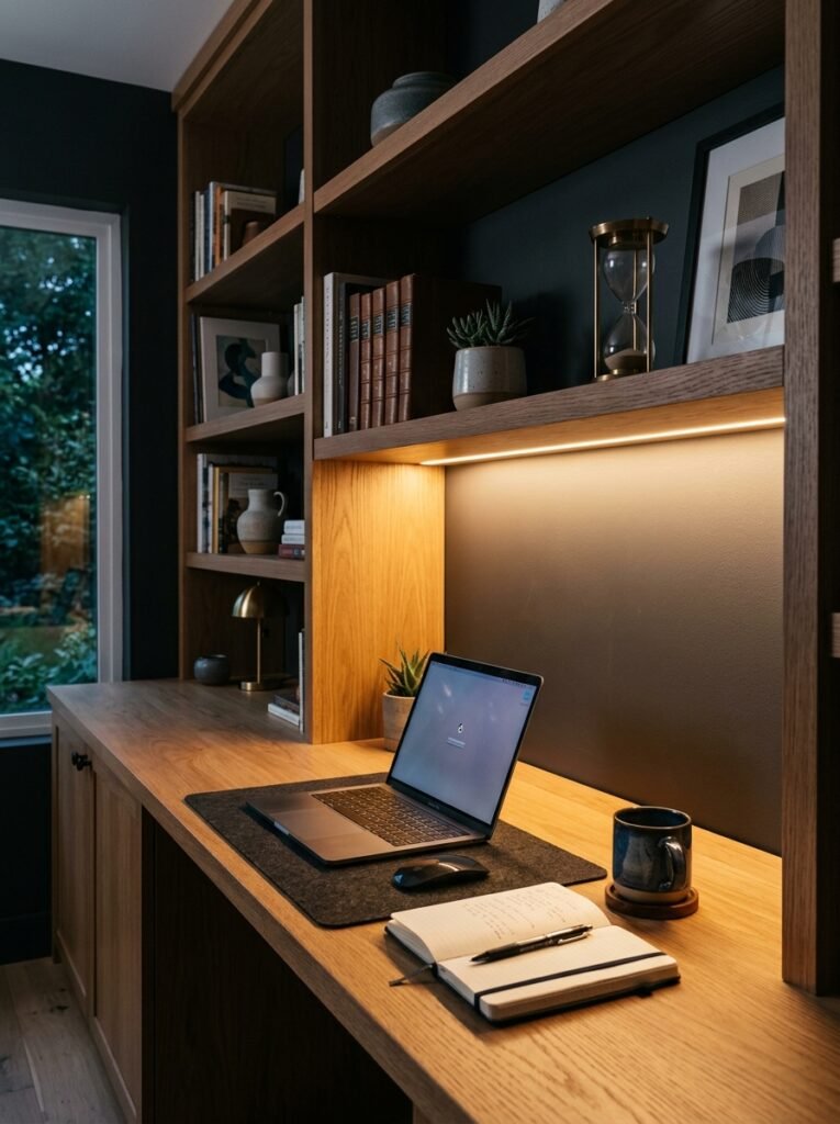 Integrated LED lighting above a built-in desk