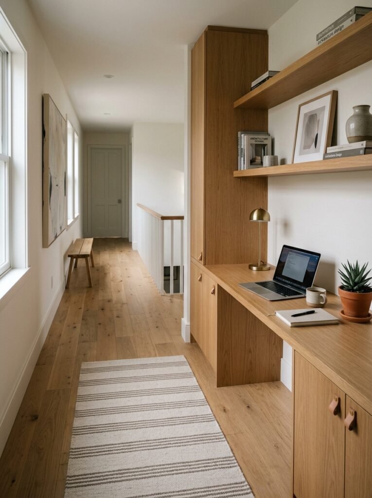 Shallow built-in desk on a hallway landing