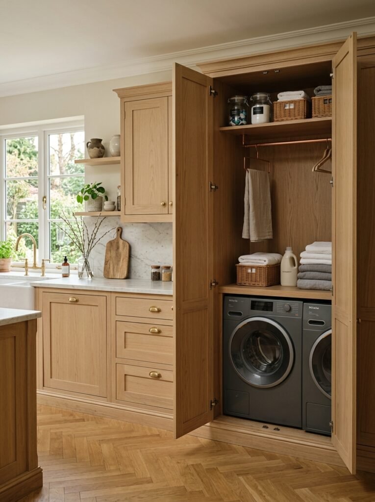 Laundry machines hidden behind matching cabinet fronts