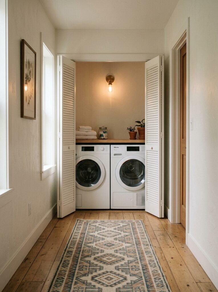 Hidden laundry behind louvered doors at the end of a hallway