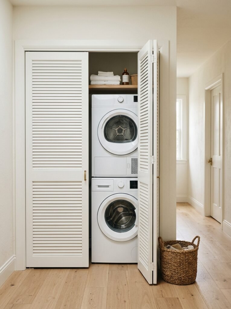 White louvered shutter doors opening to a stacked washer and dryer
