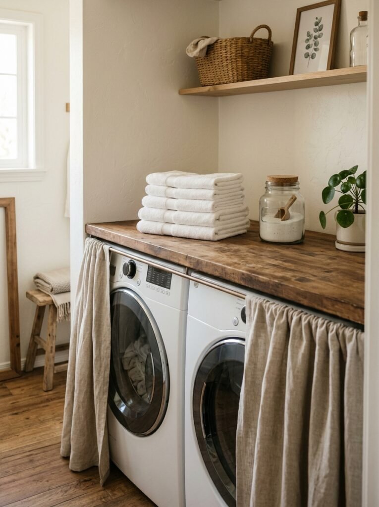 Butcher-block countertop laid over a side-by-side washer and dryer