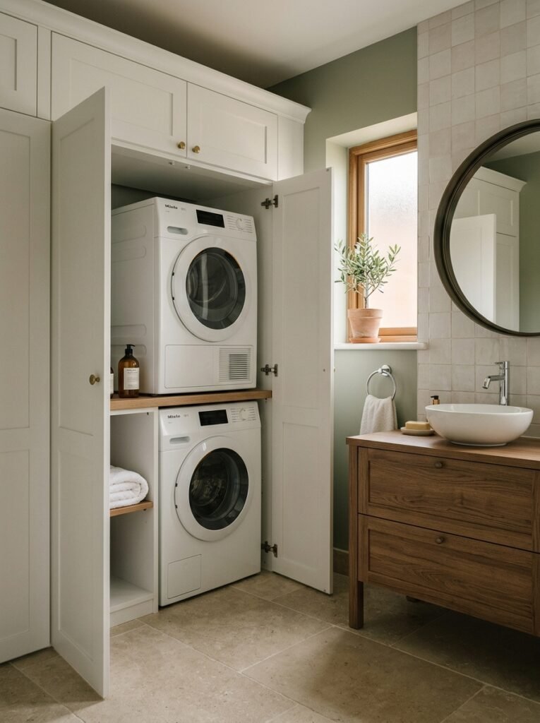 Stacked washer and dryer hidden behind cabinet doors in a bathroom