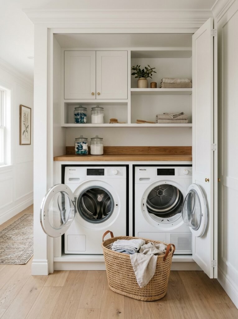 Washer and dryer doors fully open inside a laundry cabinet