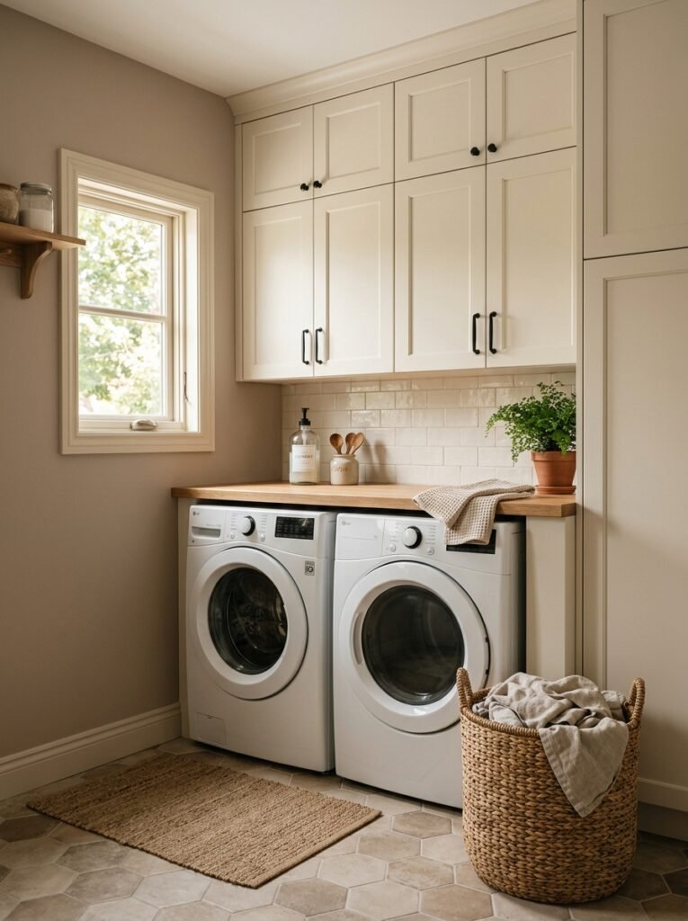 Laundry room with mushroom taupe walls and cream cabinets