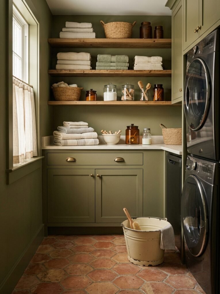 Olive green laundry room cabinets with terracotta tile floor