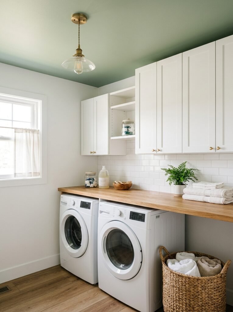 White laundry room with a sage green painted ceiling