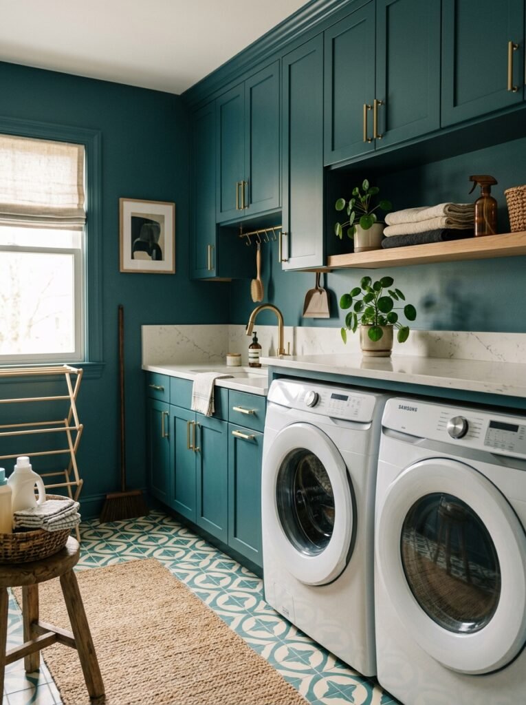 Deep teal laundry room with brass hardware and patterned tile floor