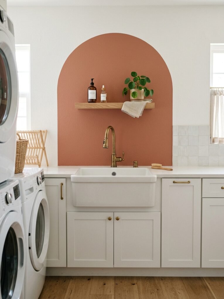 Terracotta painted arch behind a laundry room sink