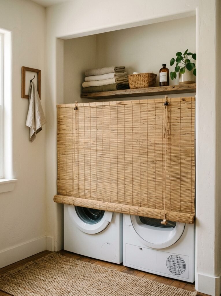 Woven bamboo roller blind hiding a laundry nook