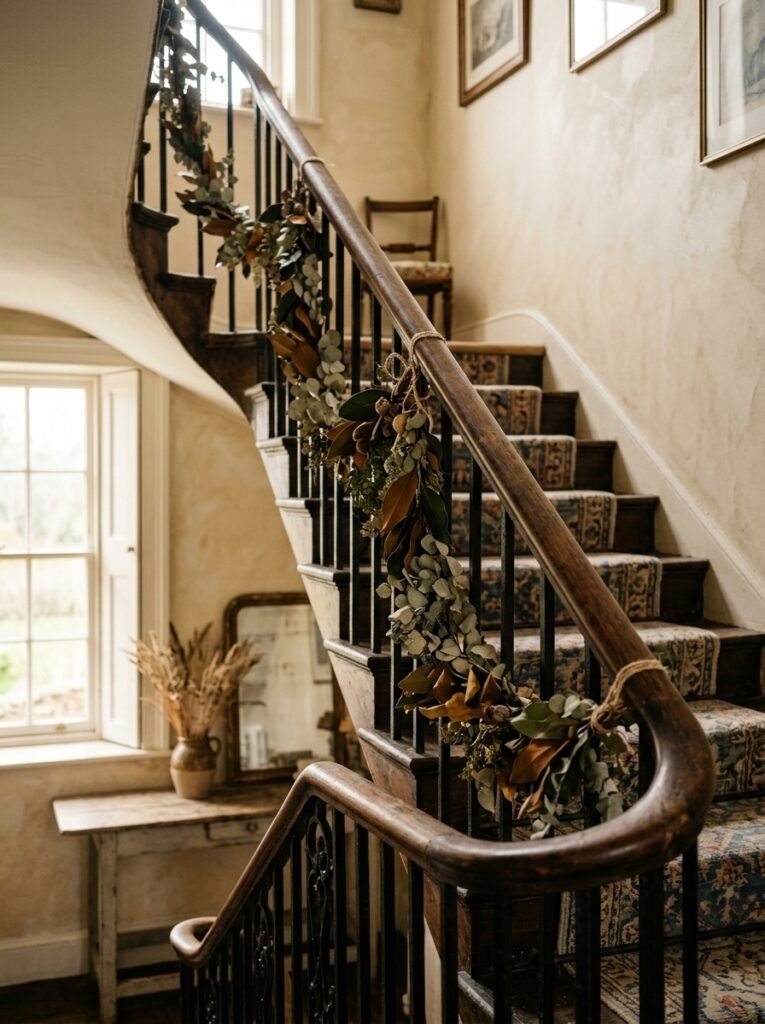 Dried eucalyptus and magnolia garland on a staircase banister