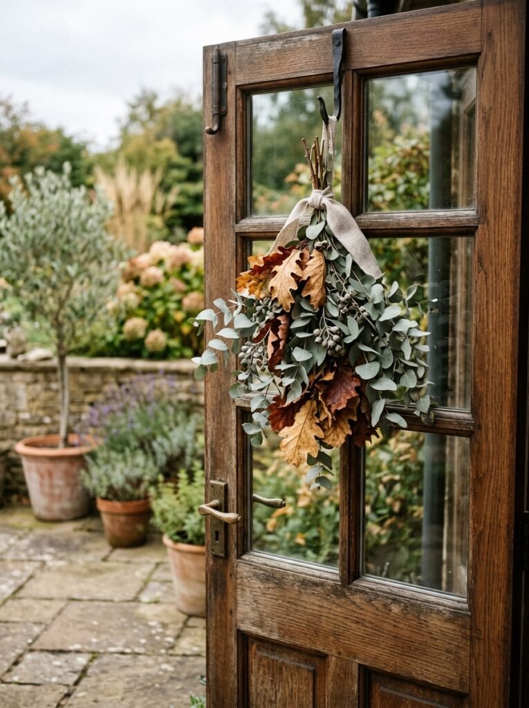Eucalyptus and oak leaf swag on a patio door