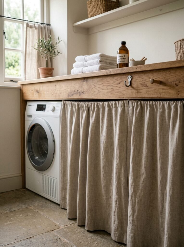 Fabric skirt hiding laundry machines under a counter