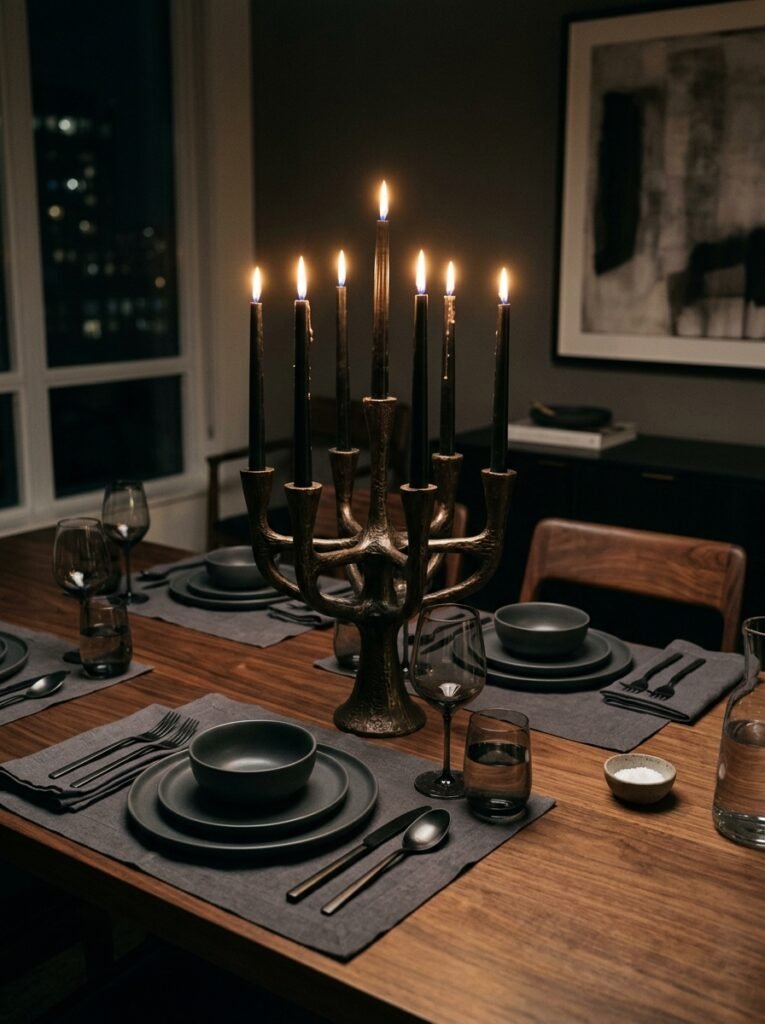 Dark bronze candelabra with lit black tapers.