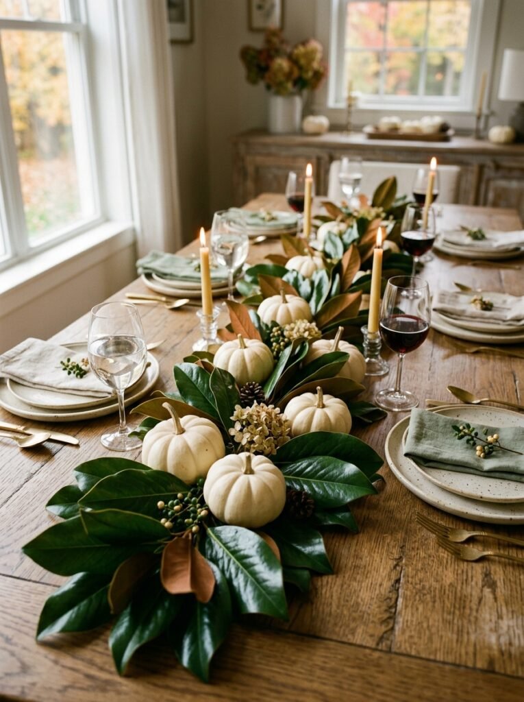 White pumpkins on a magnolia leaf table runner