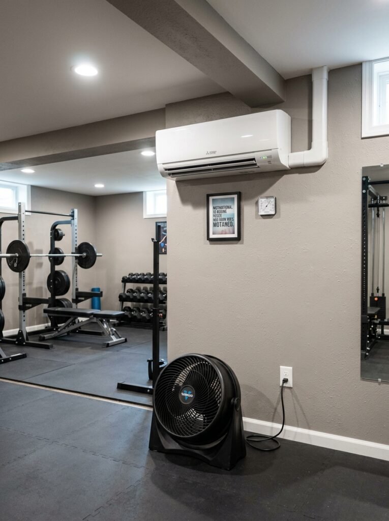 Mini split and floor fan in a basement gym