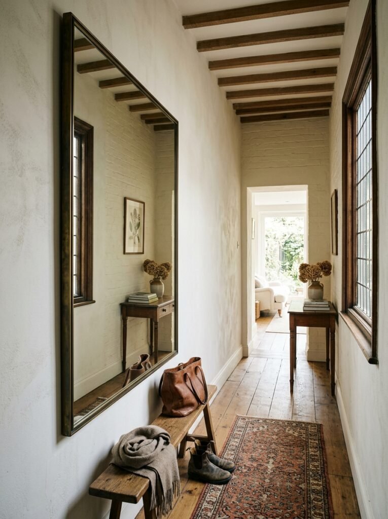 Mirror on the long wall of a narrow entryway