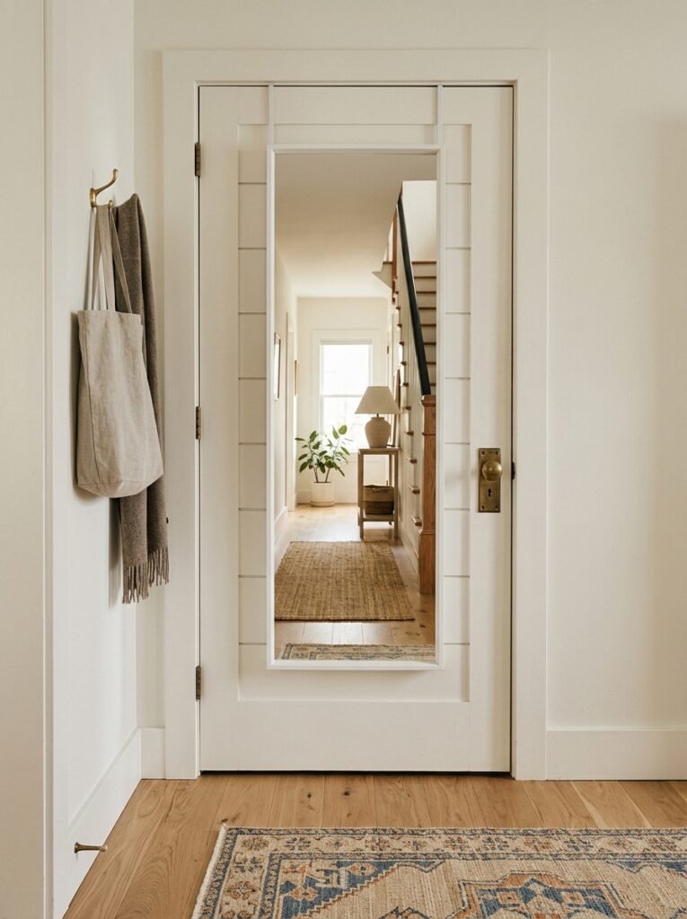 Full-length mirror mounted on a white coat closet door in an entryway