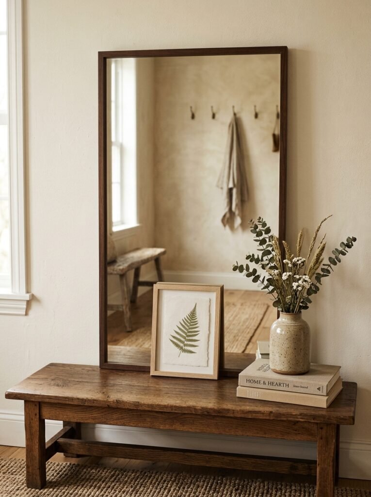 Small framed print leaned in front of a large mirror on an entryway console