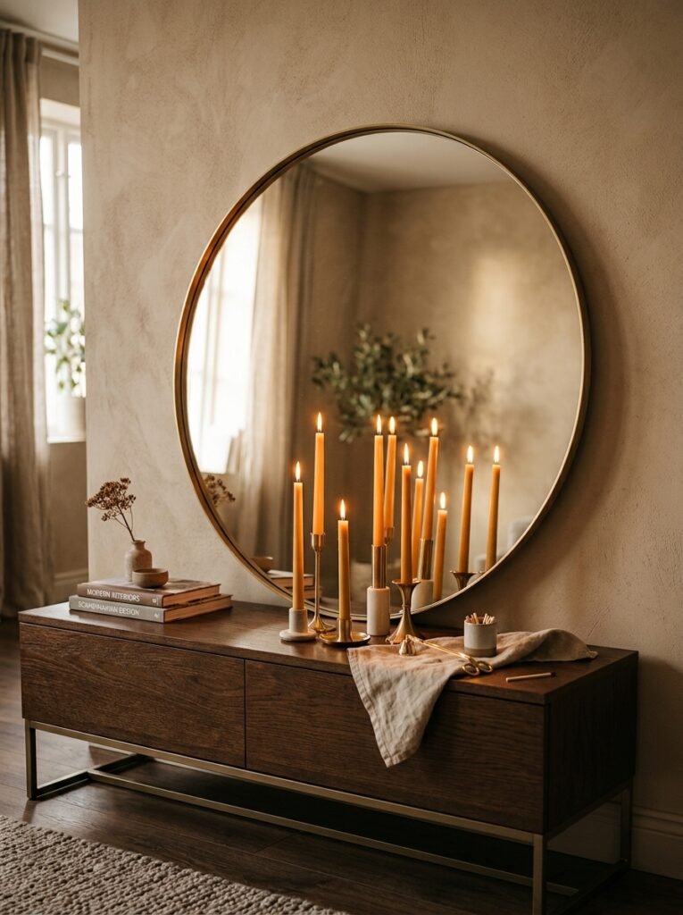 Vintage mirror doubling a Halloween candle display