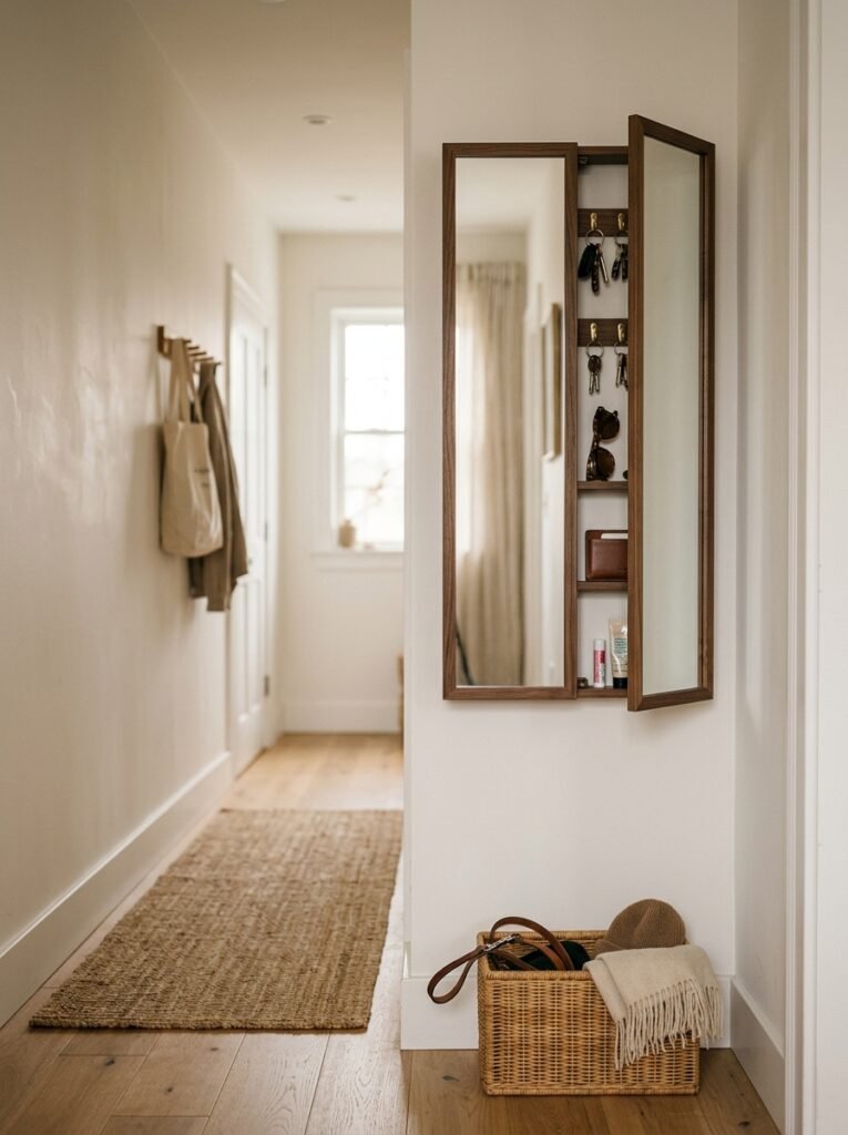Mirrored wall cabinet in a narrow entryway, open to show keys and small essentials stored inside