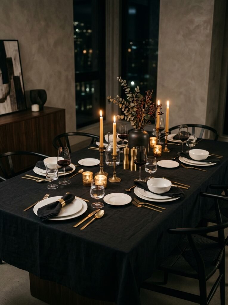 Black tablecloth setting with white porcelain and brass accents.