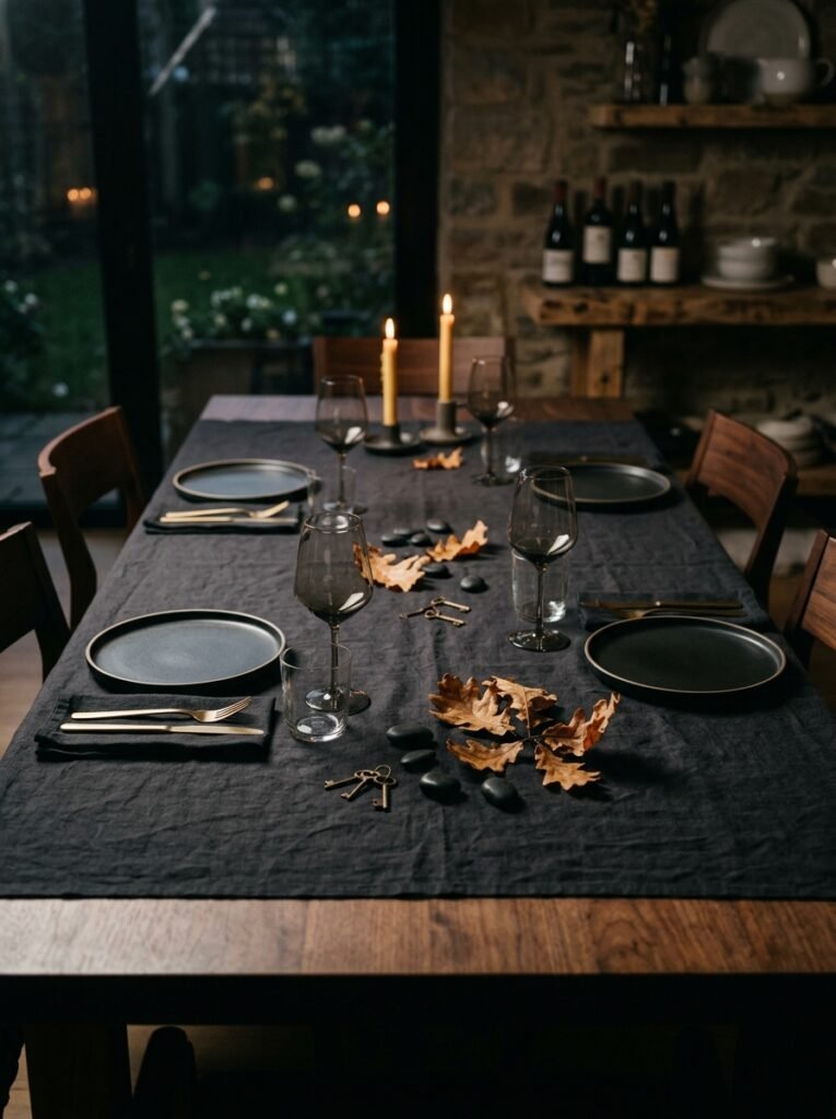 Minimalist scattered leaves, stones, and brass keys on dark cloth.