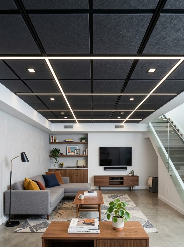 Modern drop ceiling with white grid tiles in a basement