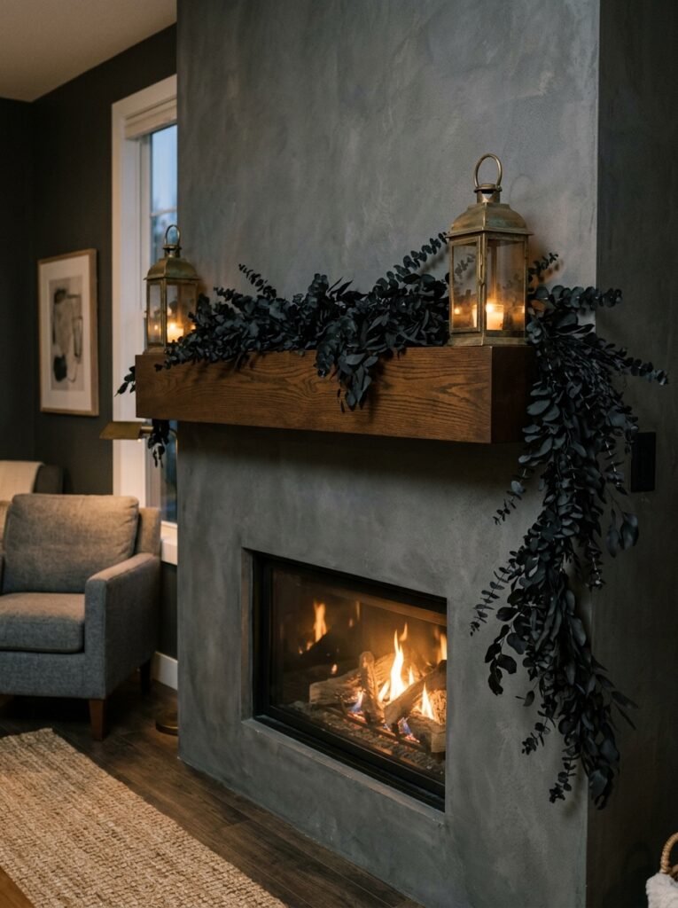 Black-dyed eucalyptus garland with brass lanterns on a modern floating fireplace mantel.