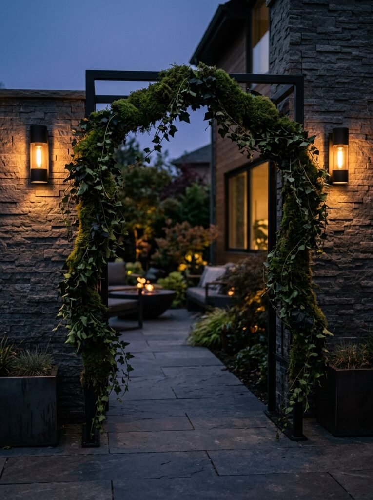 Dark moss and ivy garland wrapping a sleek modern outdoor patio arch.