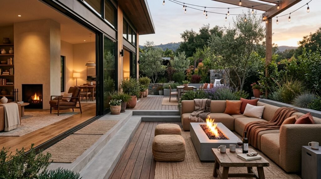 a nice modern patio with a cozy living space