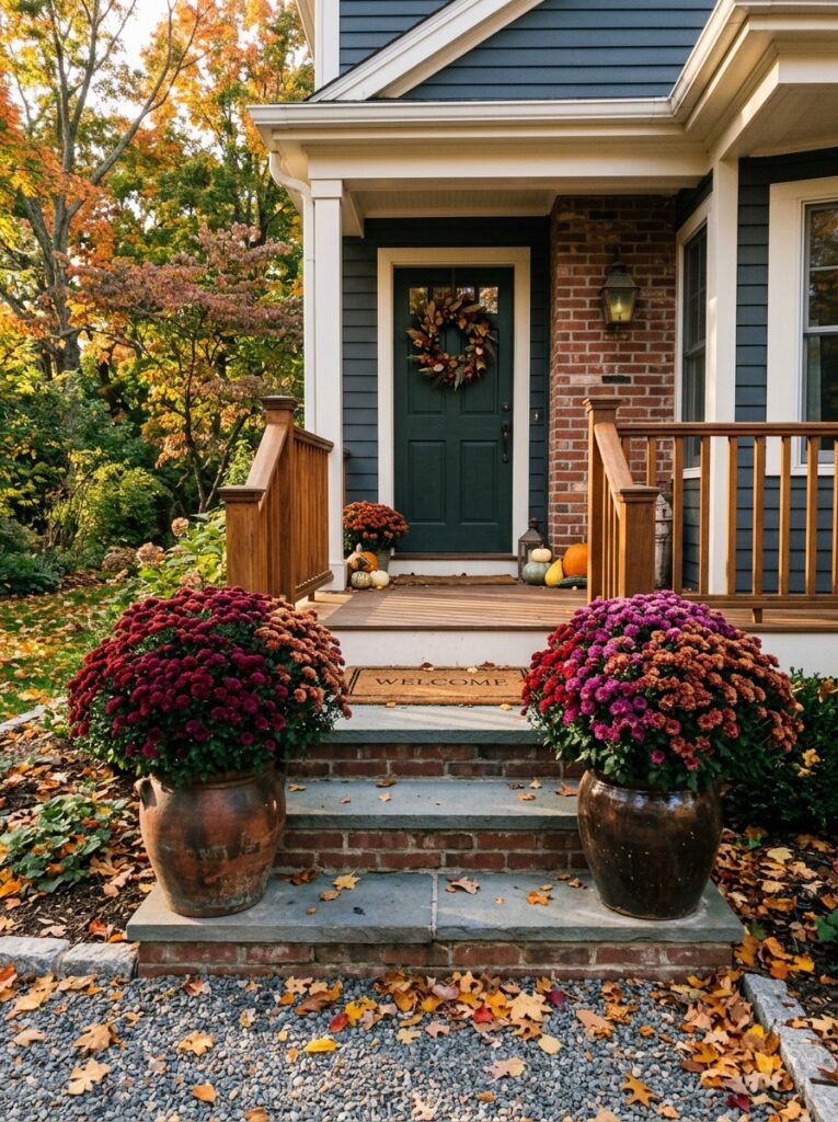 Deep burgundy mums flanking Halloween porch steps