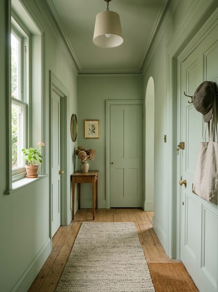 Narrow entryway color drenched in soft sage