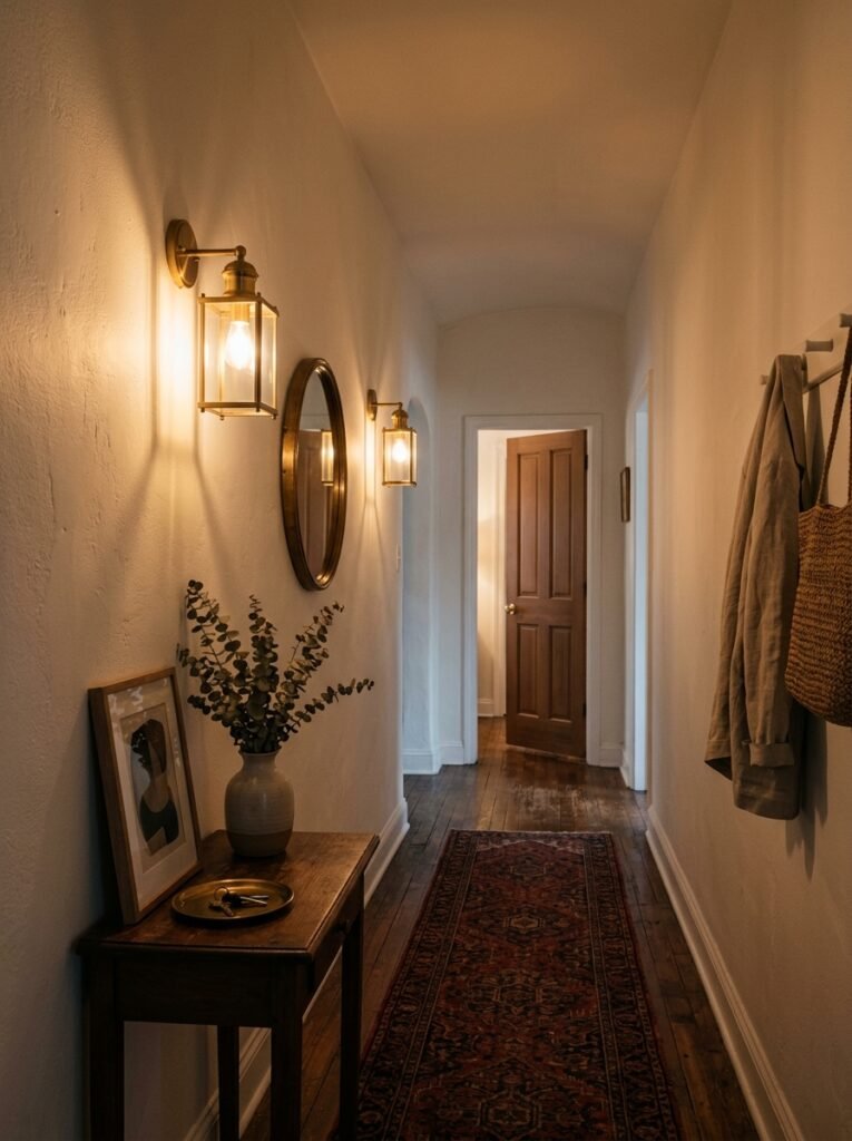 Narrow entryway lit by spaced wall sconces